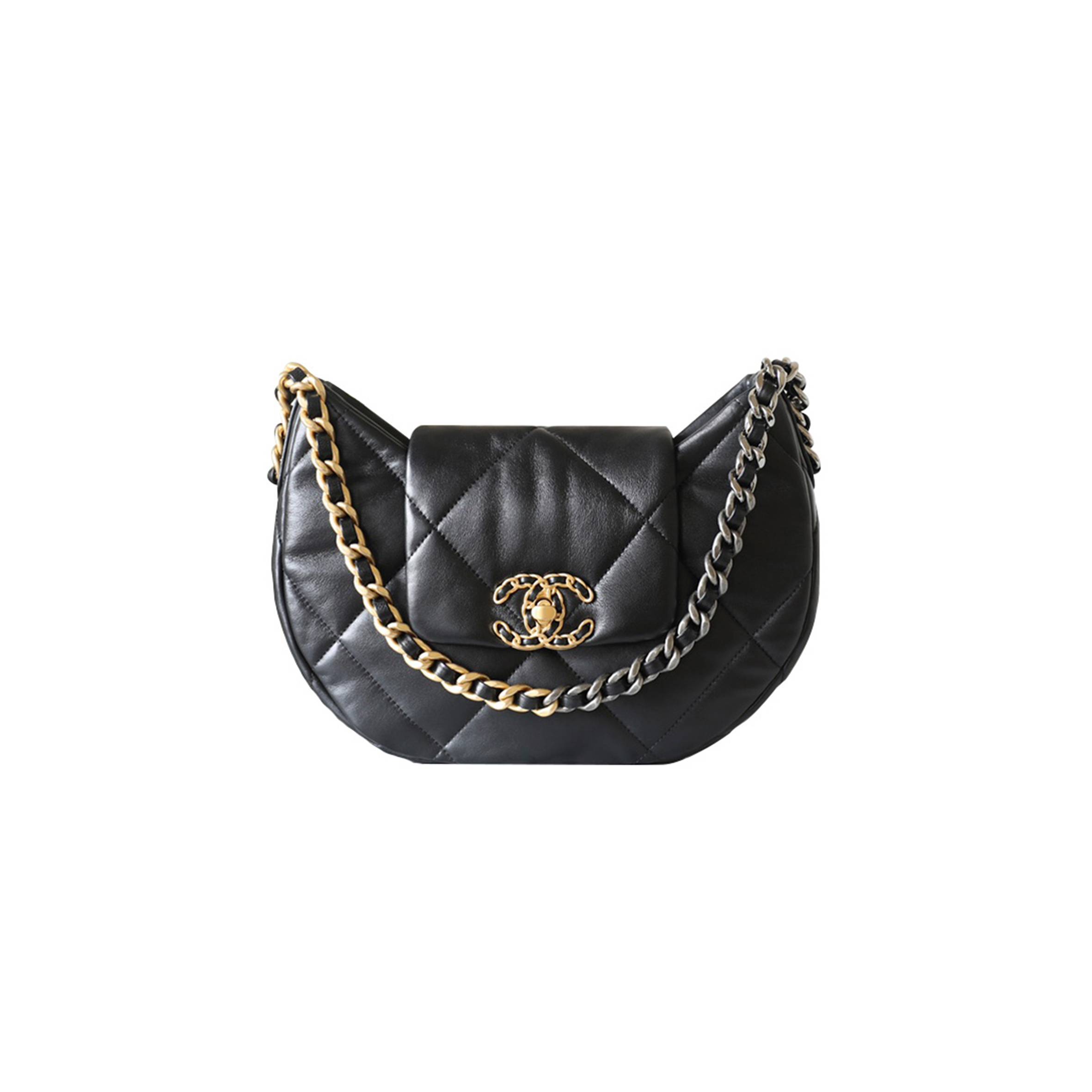 CHANEL MASTER 19 HOBO BAG BLACK LAMBSKIN MIXED METAL HARDWARE AS4638 (30*21*7.5cm)